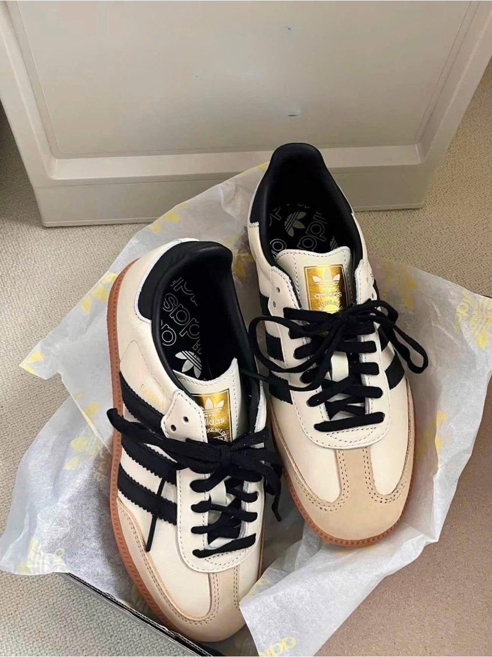 adidas Cream and Black Women's Leather Sneakers with Gum Sole